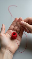 Crafting with red thread, hands working diligently to thread a needle for sewing projects