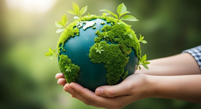 Environmental protection and global conservation concept. Sustainable living and ecological responsibility. Hands holding a moss-covered earth globe with fresh green seedlings growing