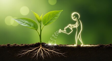 Nurturing investment and fostering business growth. Consistent effort and long-term success. Drawing of a stick figure watering a small plant with visible roots in the soil