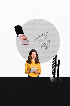 Fototapeta Collage portraying laptop computer smartphone addiction manipulation through digital lies hypnotic propaganda illusions
