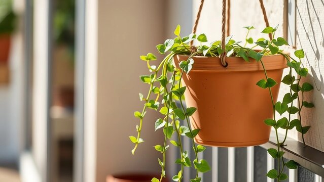 Hanging terracotta pot with trailing ivy on a balcony, natural light, rustic chic outdoor decor.