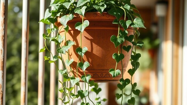 Hanging terracotta pot with trailing ivy on a balcony, natural light, rustic chic outdoor decor.
