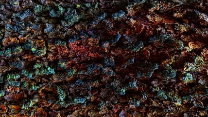 Close-up of rough natural tree bark texture with reddish-brown tones, showing organic surface patterns and details of aged wood.