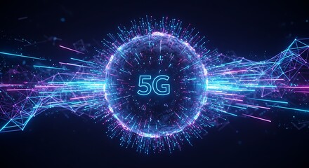 Abstract 5 g network visualization with glowing data streams and sphere