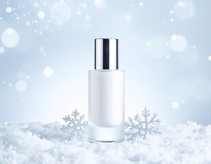 化粧水ボトルと雪の結晶が彩る冬の透明感デザイン｜化粧品,コスメ,美容,冬,雪