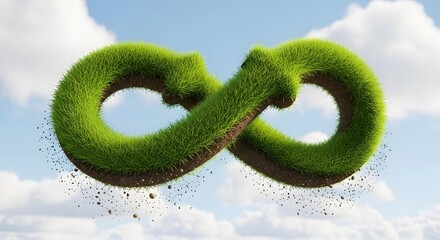 Circular economy and perpetual sustainability concept. Continuous green energy and resource flow. Infinity loop symbol made of soil and grass floating under a cloudy sky