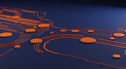 Abstract circuit board design with orange lines and circular elements on blue