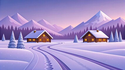 Winter cabins in snowy mountain landscape at sunset
