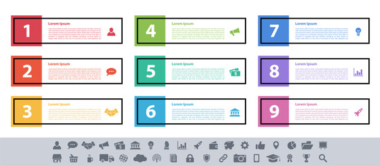 Infographic design business concept vector illustration with 9 steps or options or processes represent work flow or diagram