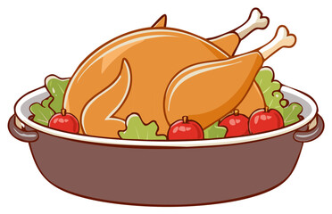 A delicious roasted whole turkey served in a brown roasting pan with apples and lettuce garnish