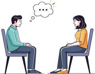 Man and woman sitting face to face, thoughtful conversation, communication concept, relationship discussion, idea sharing, dialogue illustration, interpersonal connection, talking