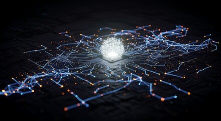 Abstract digital core with connected network lines on dark surface