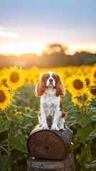 Cavalier King Charles Spaniel sits on a barrel in a sunflower field at sunset