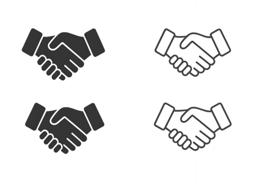 Handshake logo icon set featuring transparent PNGs. Includes shaking hands in both silhouette and outline vector styles, symbolizing unity, trust, and partnership.