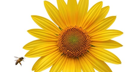 Naklejka premium A bee flies towards a bright yellow sunflower, isolated on white background