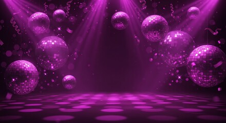 Abstract disco balls floating in magenta light with copy space on dark stage