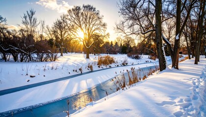Winter park sunrise, icy canal