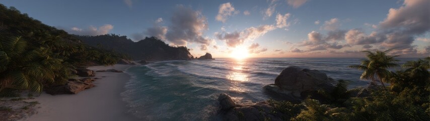 Naklejka premium Serene tropical island beach sunset hdri panoramic view equirectangular environment