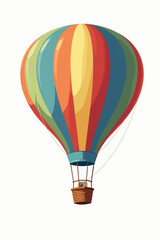 Obraz premium A colorful hot air balloon with a wicker basket, rendered in a cartoon style, floats against a white background.