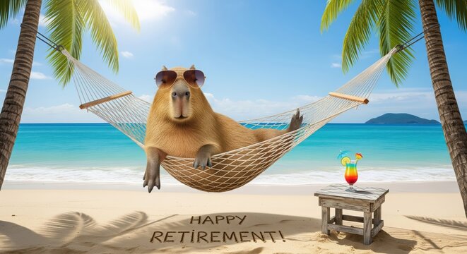 Capybara relaxing in a hammock on a sunny beach with sunglasses and a colorful drink during retirement - Powered by Adobe