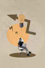 Collage with person observing rising arrow symbolizing startup growth business income statistics...