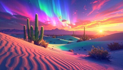 Otherworldly desert with iridescent sand dunes, glowing cacti, aurora-like sky, radiant horizon, sharp HD clarity