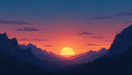 Fototapeta premium Deep red sunset between mountain ridges