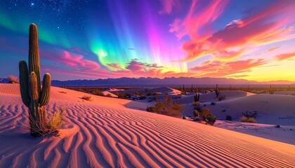Otherworldly desert with iridescent sand dunes, glowing cacti, aurora-like sky, radiant horizon, sharp HD clarity