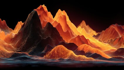 Dynamic digital landscape with glowing orange mountain peaks and abstract terrain, perfect for tech and data visualization themes.