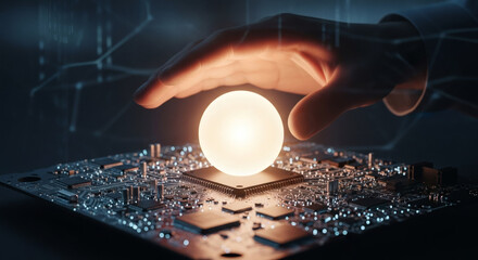 Hand hovering over glowing orb on a computer circuit board surface
