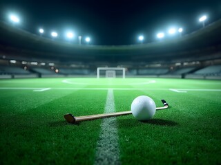 hockey stick and ball on turf field with stadium lights