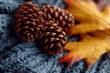 Close-up of pinecones and autumn leaves on a knitted blue blanket, symbolizing cozy fall decorations and rustic seasonal vibes.