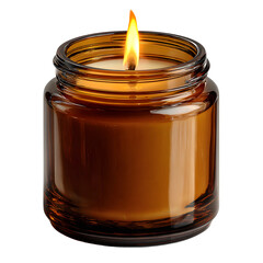 Burning Candle Mockup in an amber glass jar, soy candle, isolated on white transparent background, PNG