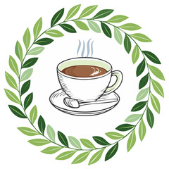 Cup of Coffee in Greenery Wreath Hand Drawn Image