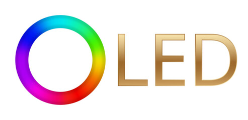 Oled logo with vivid multicolored circle and golden text design.