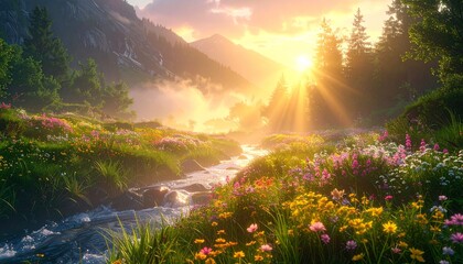 Enchanted valley with glowing mist, vibrant wildflowers, crystal-clear stream, ethereal light beams, captured in vivid 