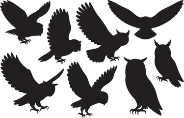 Cute funny silhouette vector set of various Owl birds illustration. owl icon set.