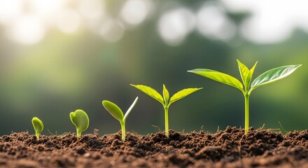 Life development and continuous growth progress concept. Stages of natural growth and success. A sequence of small green seedlings growing from a seed in fertile soil outdoors