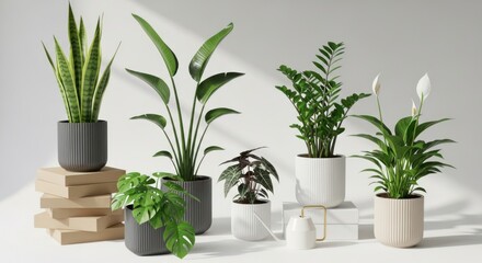 Fototapeta premium Collection of various potted houseplants in modern pots, isolated on white background