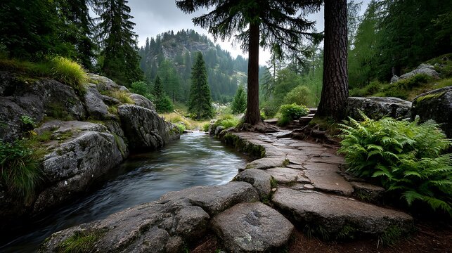 Springtime forest with babbling brook, mossy stones and wild mushrooms along the trail,