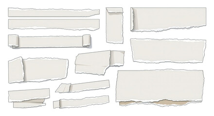 A collection of various ripped paper strips and torn sheet elements with rough, jagged edges, casting subtle shadows on a clean white background.