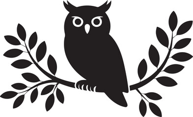 black and white cute owl sitting on branch vector illustration