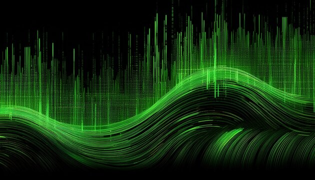 abstract green digital glitch effect as a futuristic data stream texture and overlay on a black background representing technology