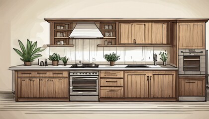 Fototapeta premium kitchen design sketch with wooden cabinets and island
