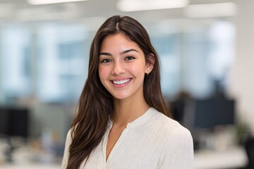 Fototapeta premium Portrait of a smiling woman with long brown hair wearing a white shirt in an office setting