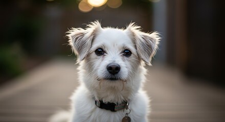 Adorable white dog portrait with soft fur natural lighting and blurred background