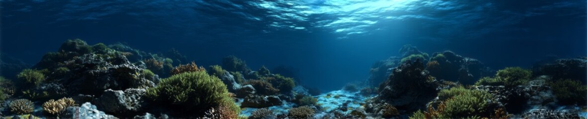 Obraz premium Underwater coral reef ecosystem hdri panoramic view ocean depths equirectangular environment