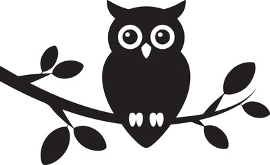 black and white cute owl sitting on branch vector illustration