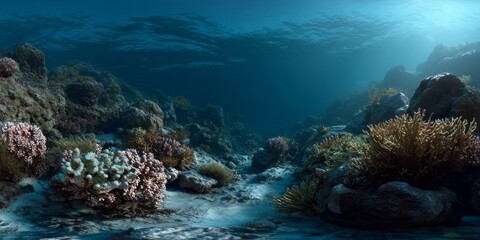 Fototapeta premium Underwater coral reef exploration marine environment hdri panoramic view