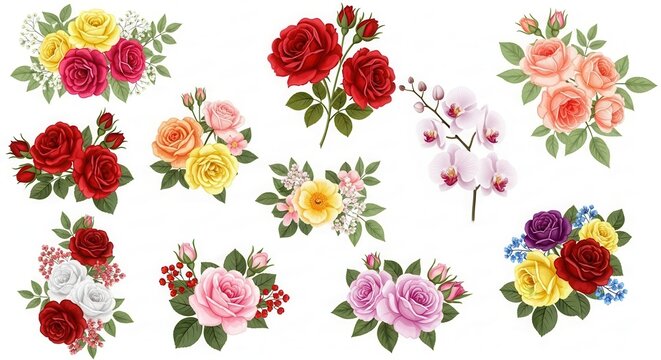 Collection of beautiful floral bouquets with roses and orchids isolated on white background